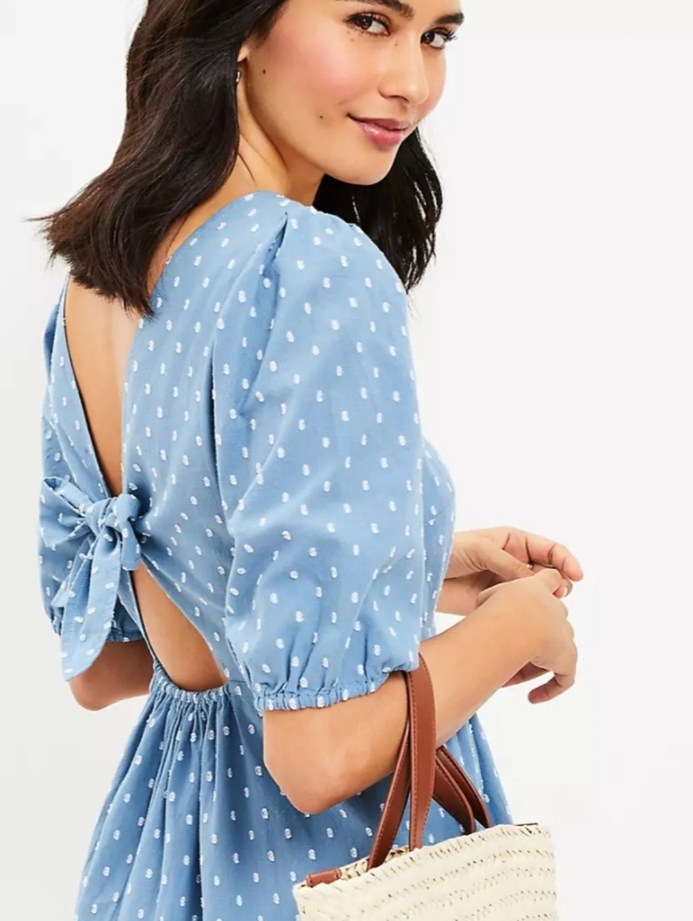 Loft Cottagecore Cotton Mini Dress with Sweet Polka Dots And Big Bow In Back